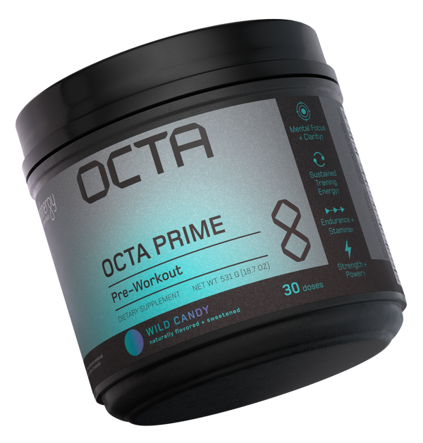 Black container of Octa Prime pre-workout supplement on a white background